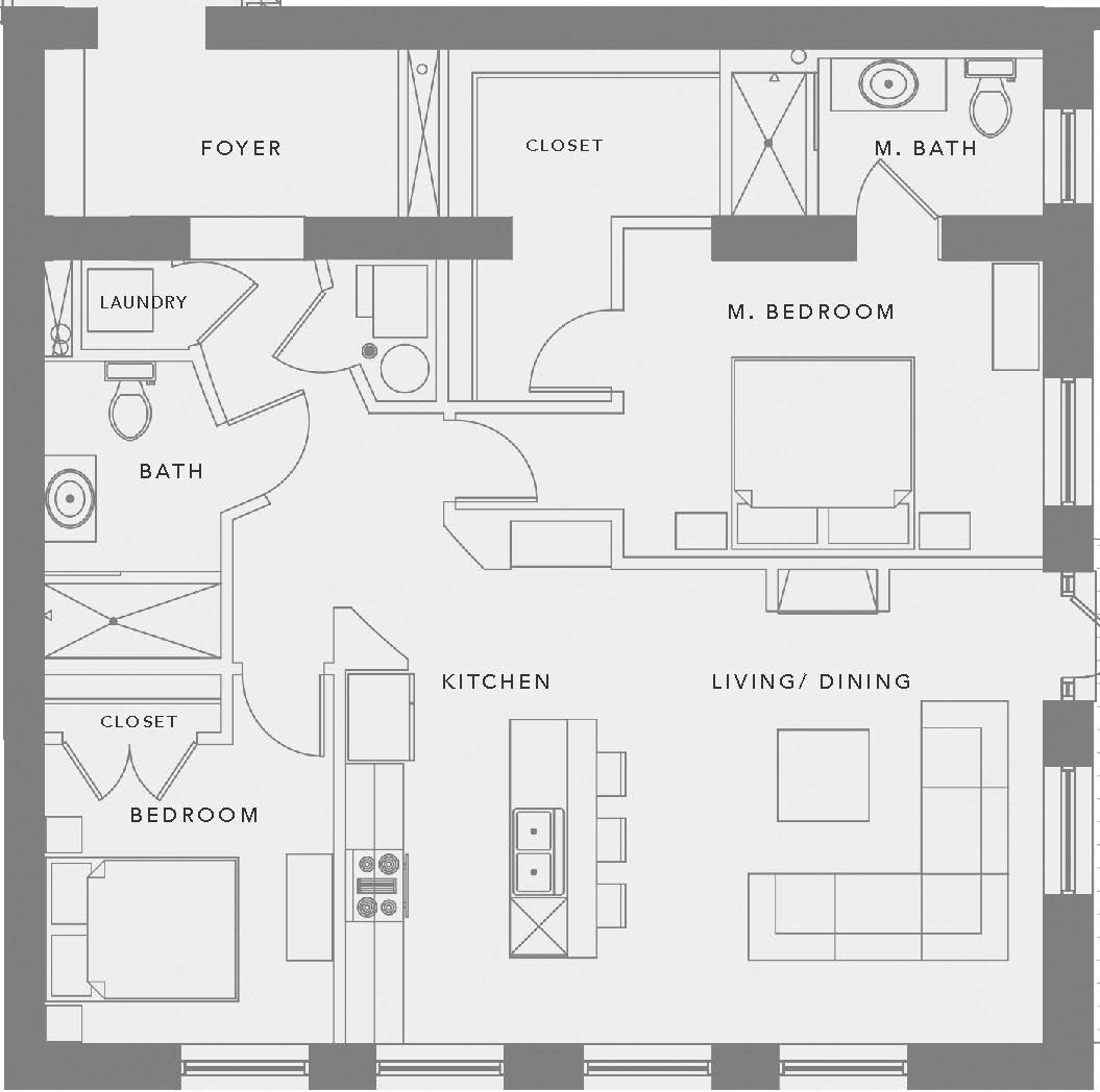 Floor plan for 2 beds, 2 baths, 1250 sqft